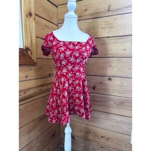 Red Floral Square Neck Mini Dress Short Sleeve Fit and Flare Summer Dress
